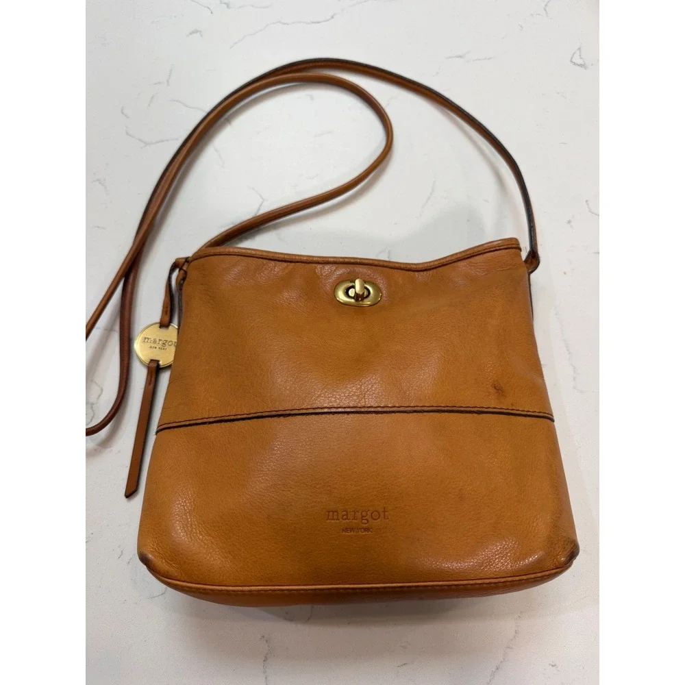Margot New York Cognac Brown Leather Crossbody Bag Turn Lock Small Messenger